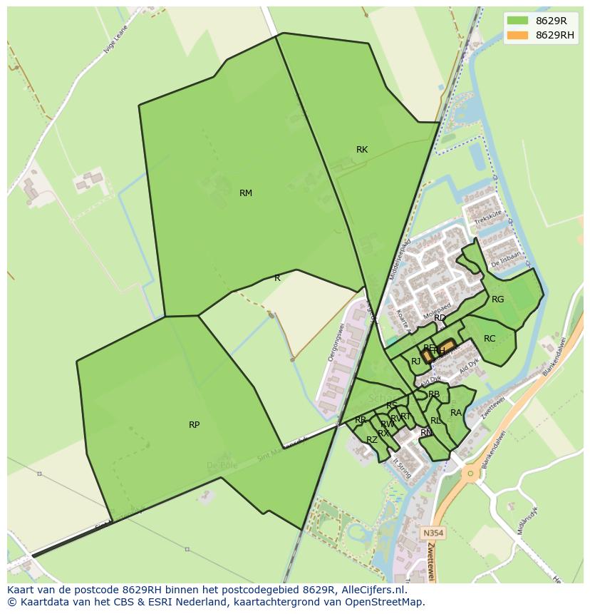 Afbeelding van het postcodegebied 8629 RH op de kaart.