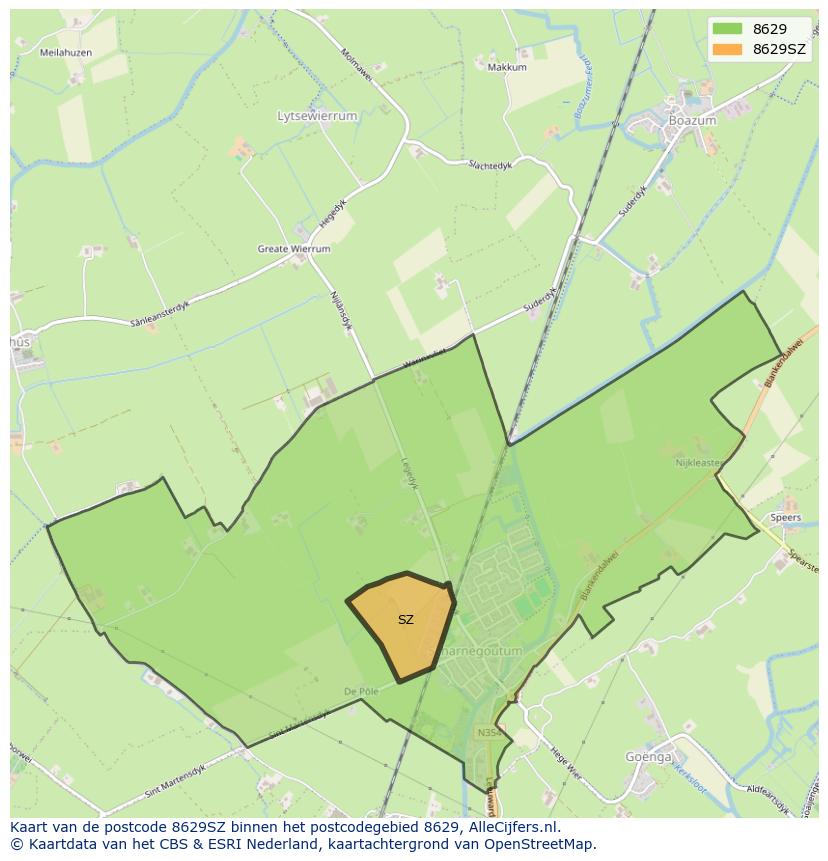 Afbeelding van het postcodegebied 8629 SZ op de kaart.
