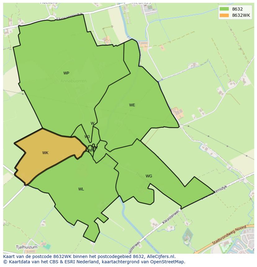 Afbeelding van het postcodegebied 8632 WK op de kaart.
