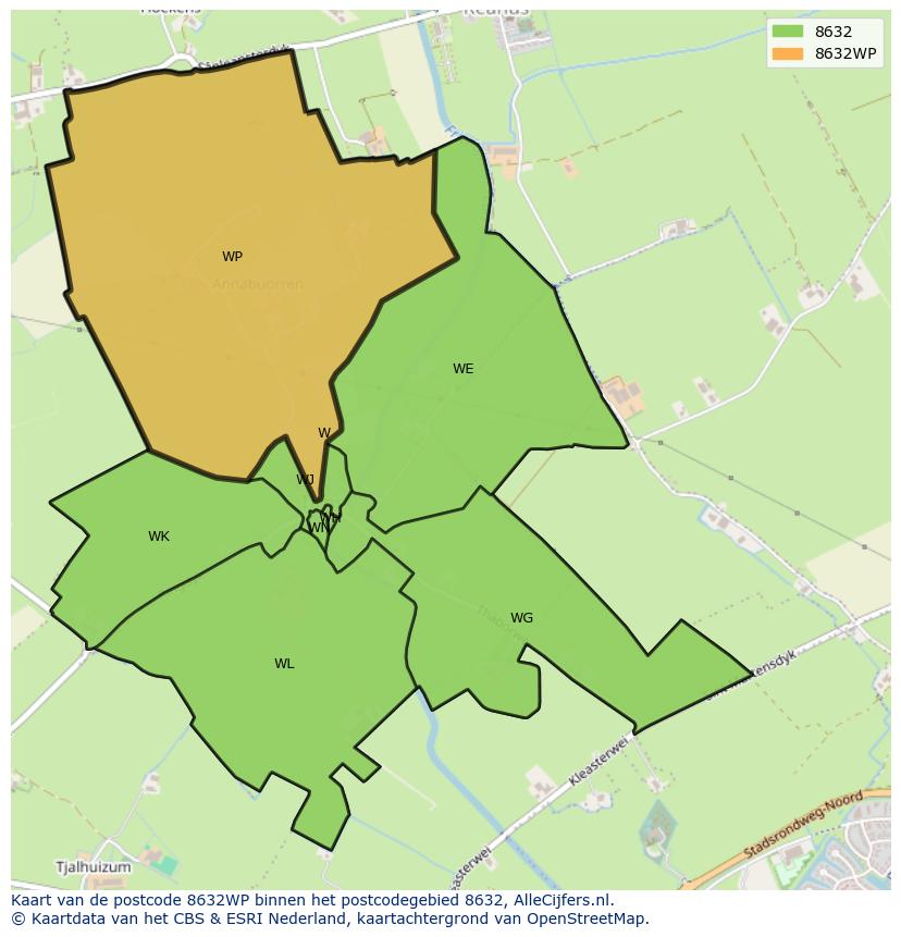 Afbeelding van het postcodegebied 8632 WP op de kaart.