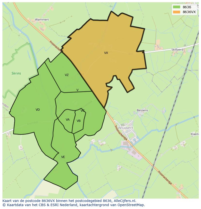Afbeelding van het postcodegebied 8636 VX op de kaart.
