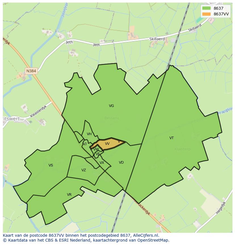Afbeelding van het postcodegebied 8637 VV op de kaart.