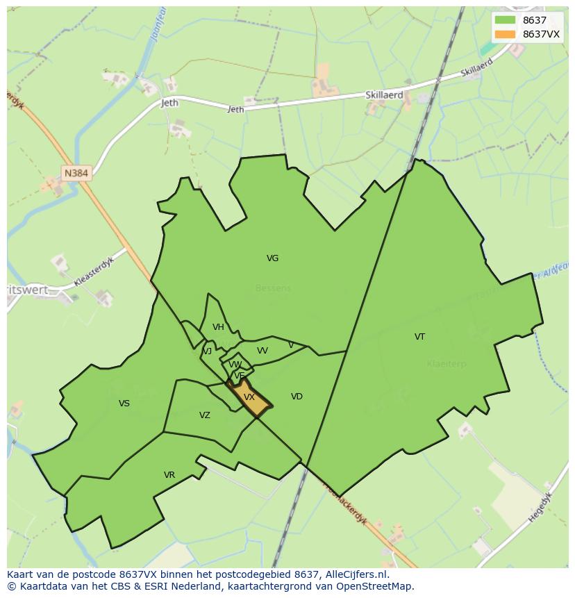 Afbeelding van het postcodegebied 8637 VX op de kaart.