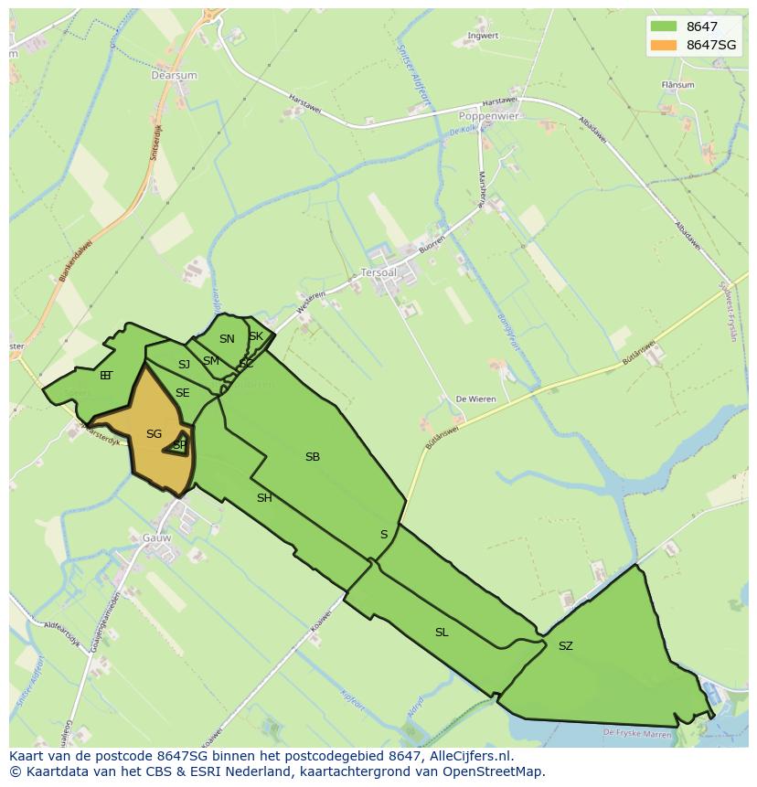 Afbeelding van het postcodegebied 8647 SG op de kaart.