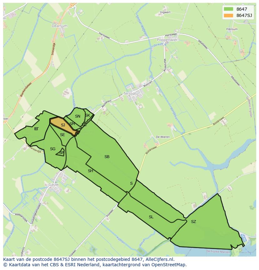 Afbeelding van het postcodegebied 8647 SJ op de kaart.