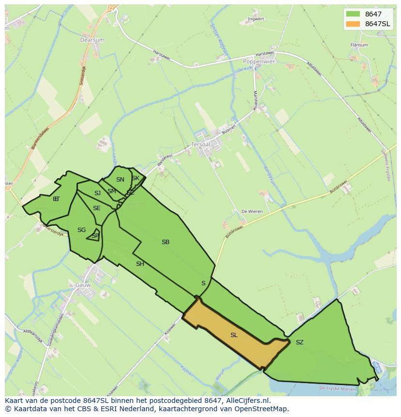 Afbeelding van het postcodegebied 8647 SL op de kaart.