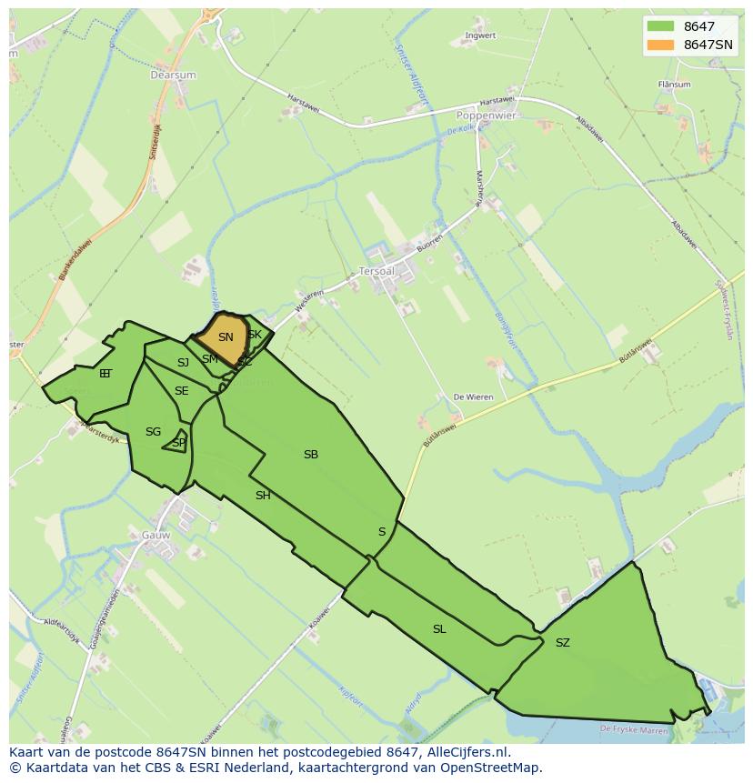 Afbeelding van het postcodegebied 8647 SN op de kaart.
