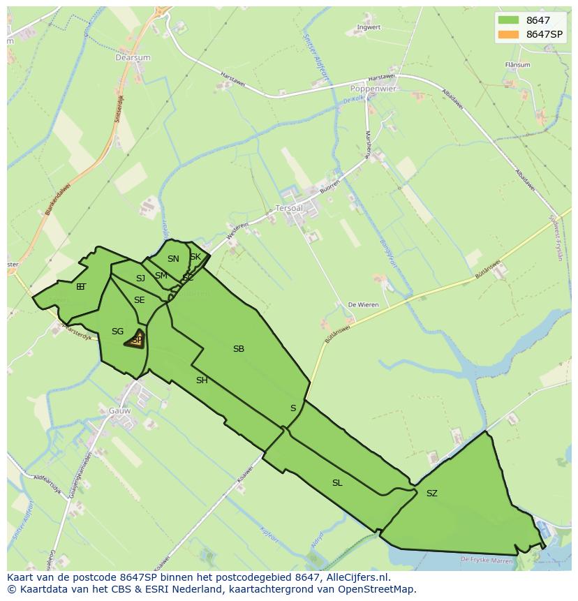 Afbeelding van het postcodegebied 8647 SP op de kaart.