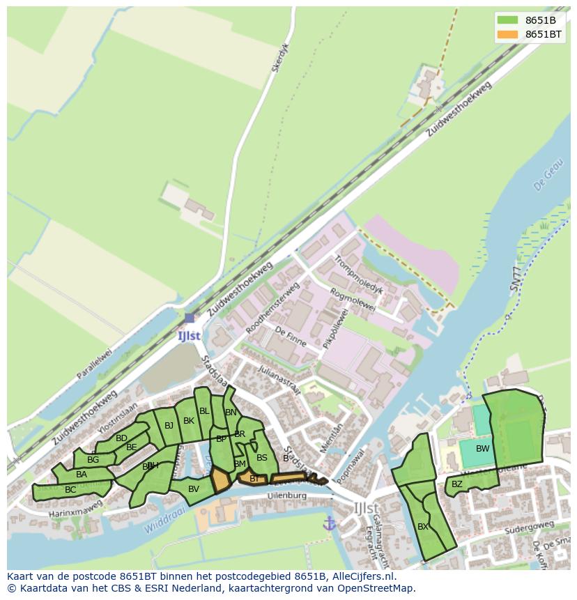 Afbeelding van het postcodegebied 8651 BT op de kaart.
