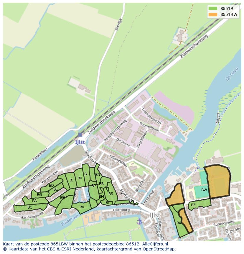 Afbeelding van het postcodegebied 8651 BW op de kaart.