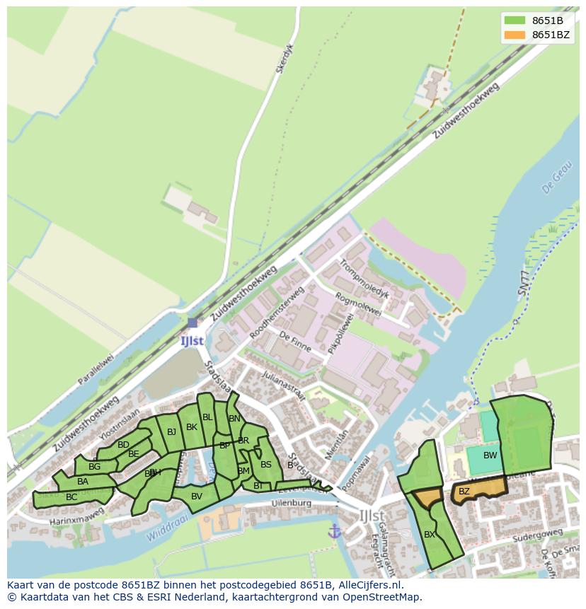 Afbeelding van het postcodegebied 8651 BZ op de kaart.