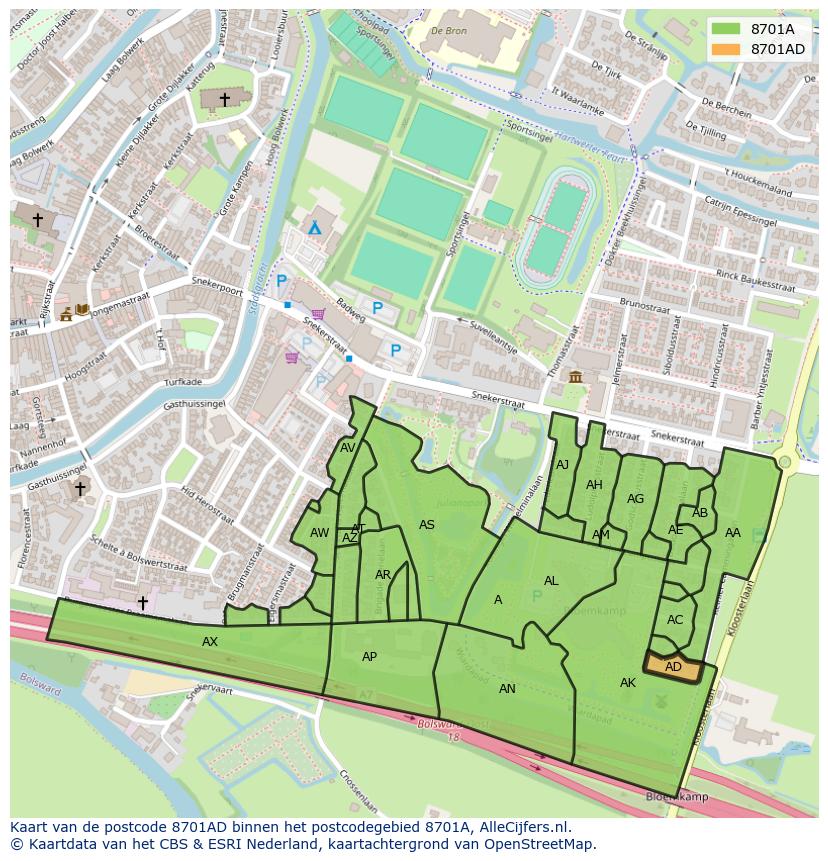 Afbeelding van het postcodegebied 8701 AD op de kaart.