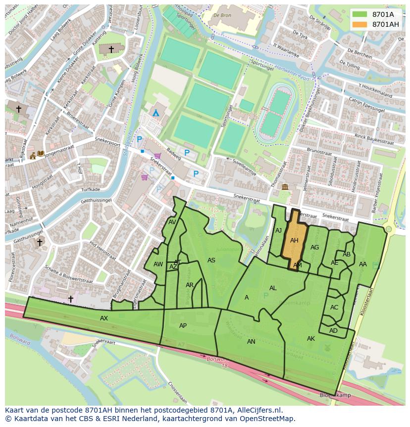 Afbeelding van het postcodegebied 8701 AH op de kaart.