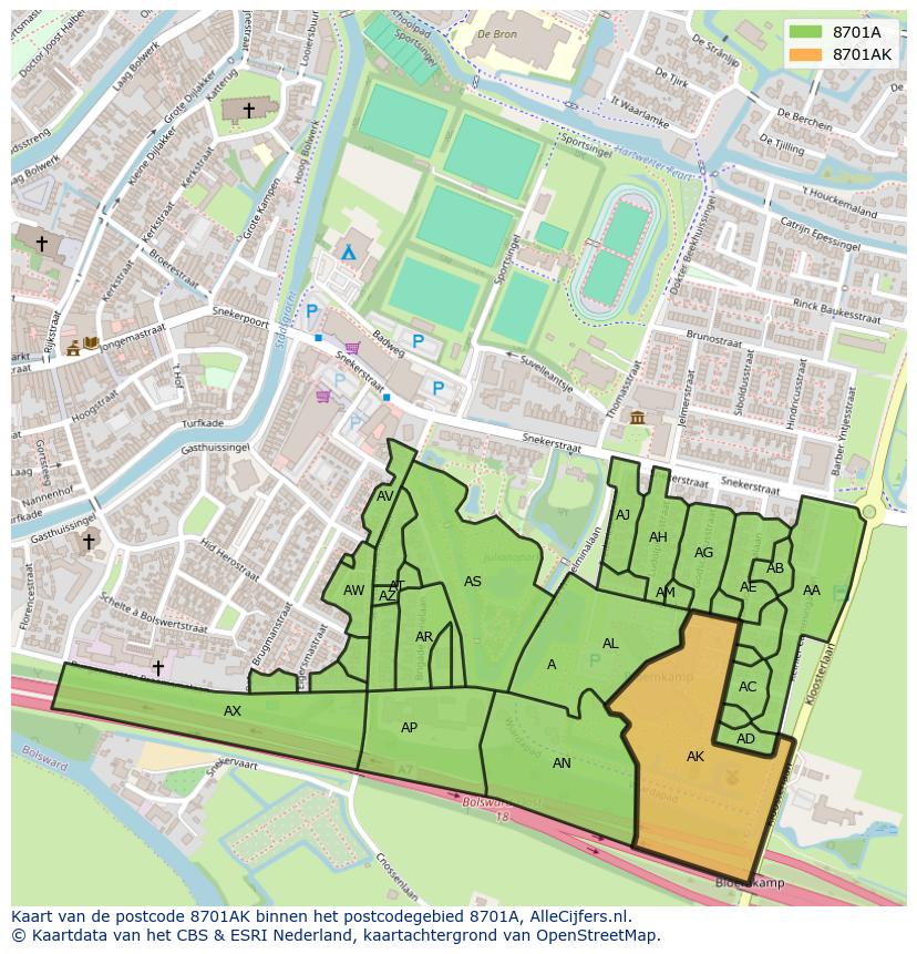 Afbeelding van het postcodegebied 8701 AK op de kaart.