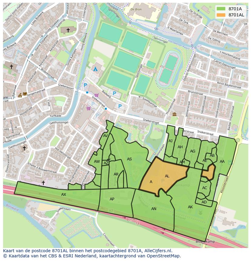 Afbeelding van het postcodegebied 8701 AL op de kaart.