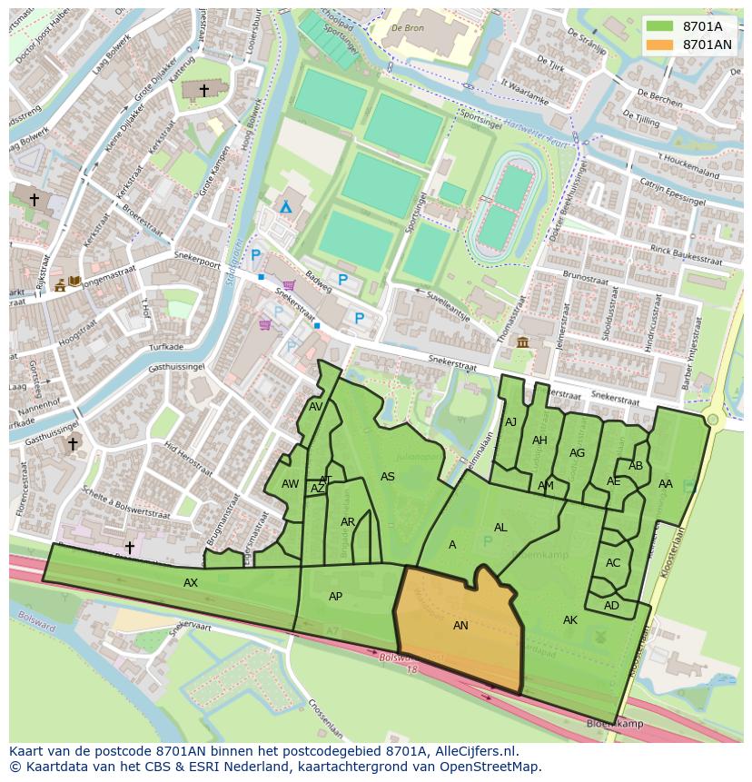 Afbeelding van het postcodegebied 8701 AN op de kaart.