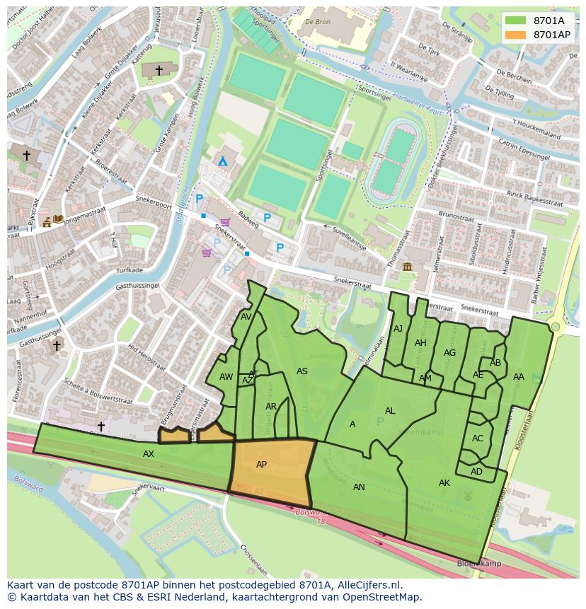 Afbeelding van het postcodegebied 8701 AP op de kaart.