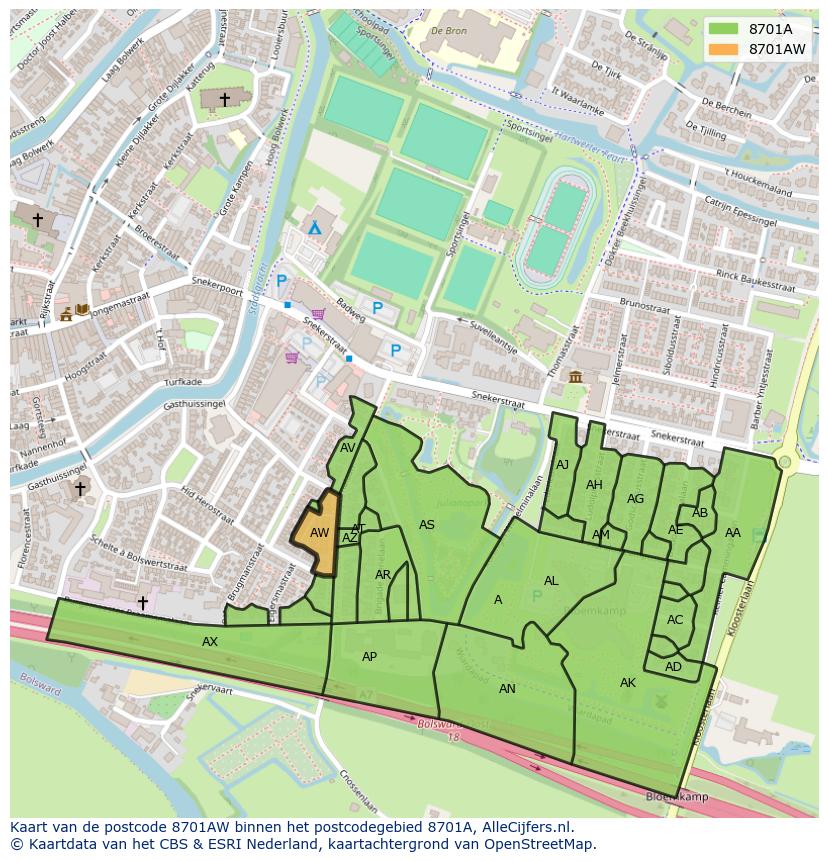 Afbeelding van het postcodegebied 8701 AW op de kaart.