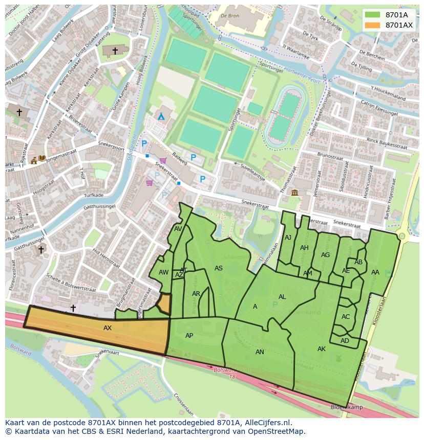 Afbeelding van het postcodegebied 8701 AX op de kaart.