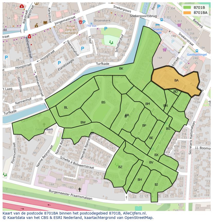 Afbeelding van het postcodegebied 8701 BA op de kaart.