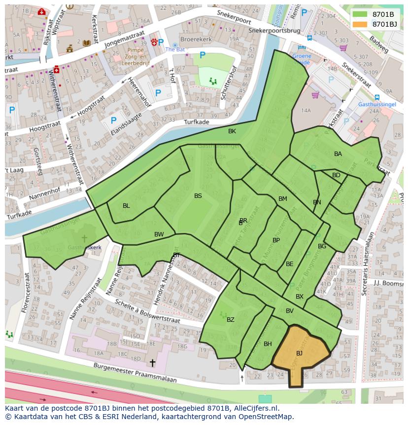 Afbeelding van het postcodegebied 8701 BJ op de kaart.