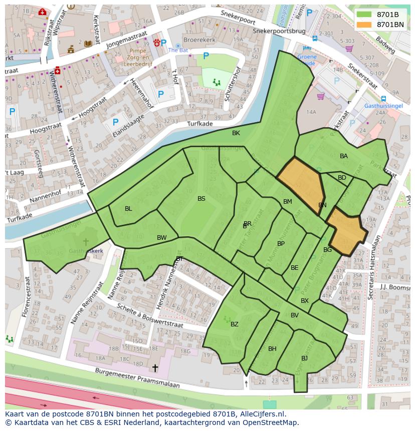 Afbeelding van het postcodegebied 8701 BN op de kaart.