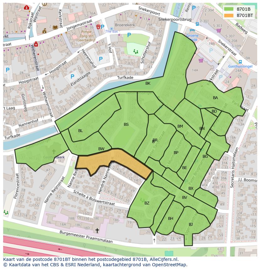 Afbeelding van het postcodegebied 8701 BT op de kaart.