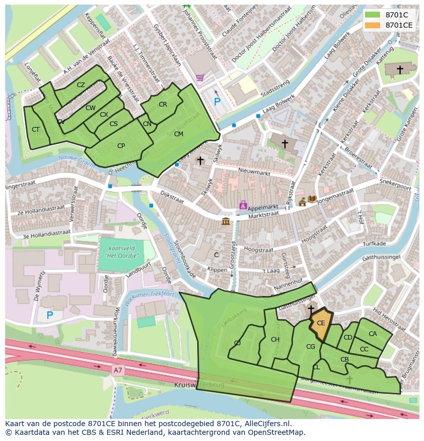 Afbeelding van het postcodegebied 8701 CE op de kaart.
