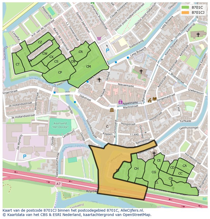 Afbeelding van het postcodegebied 8701 CJ op de kaart.