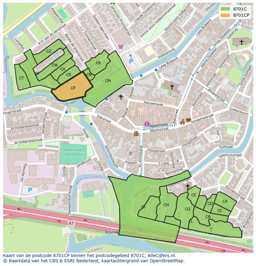 Afbeelding van het postcodegebied 8701 CP op de kaart.