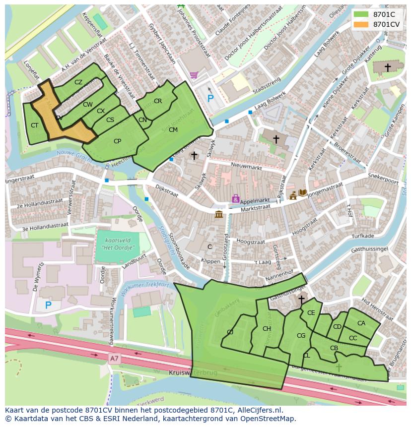 Afbeelding van het postcodegebied 8701 CV op de kaart.