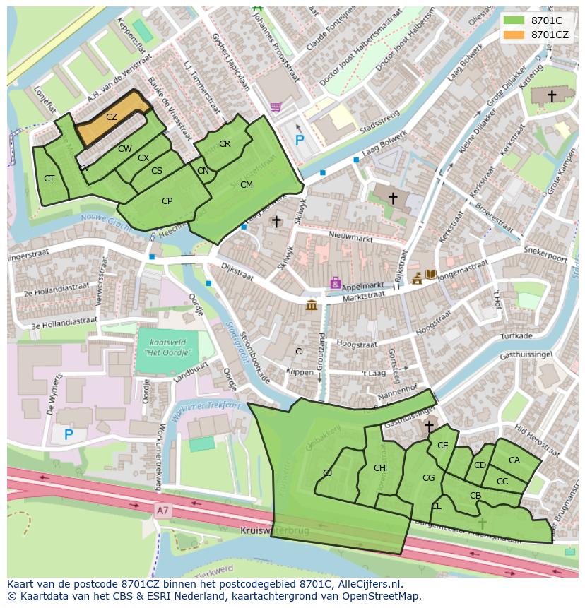 Afbeelding van het postcodegebied 8701 CZ op de kaart.