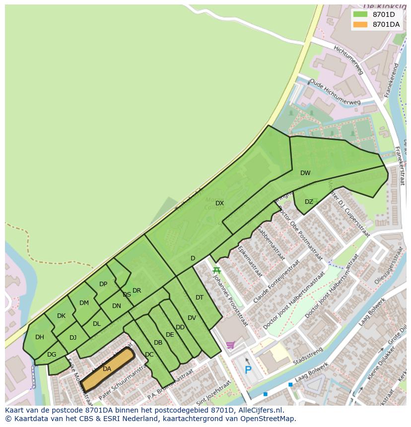 Afbeelding van het postcodegebied 8701 DA op de kaart.