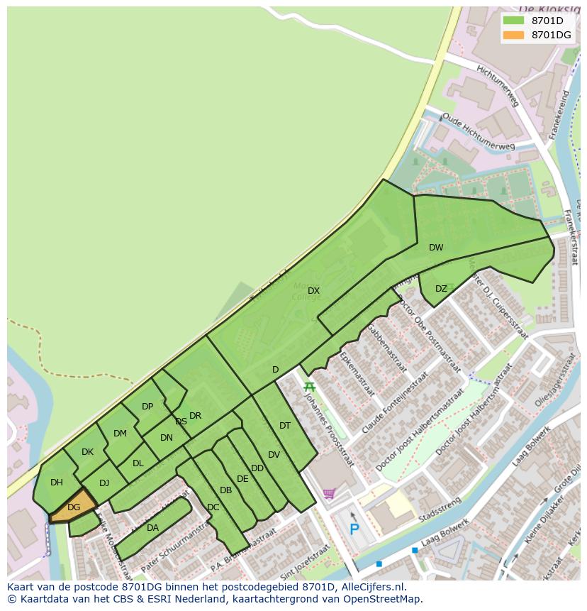 Afbeelding van het postcodegebied 8701 DG op de kaart.