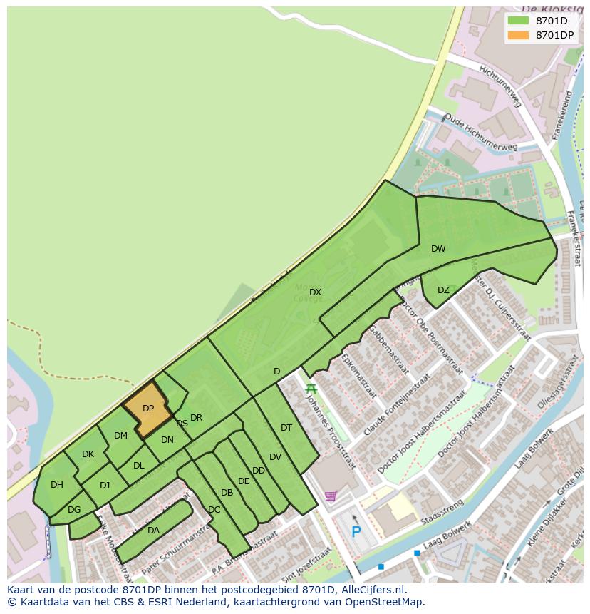 Afbeelding van het postcodegebied 8701 DP op de kaart.