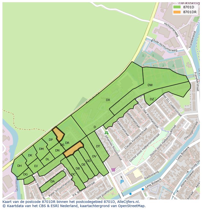 Afbeelding van het postcodegebied 8701 DR op de kaart.