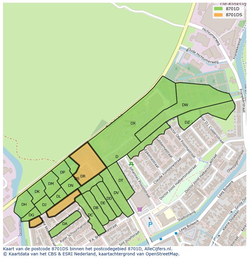 Afbeelding van het postcodegebied 8701 DS op de kaart.
