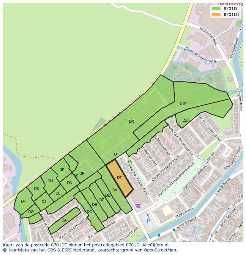Afbeelding van het postcodegebied 8701 DT op de kaart.