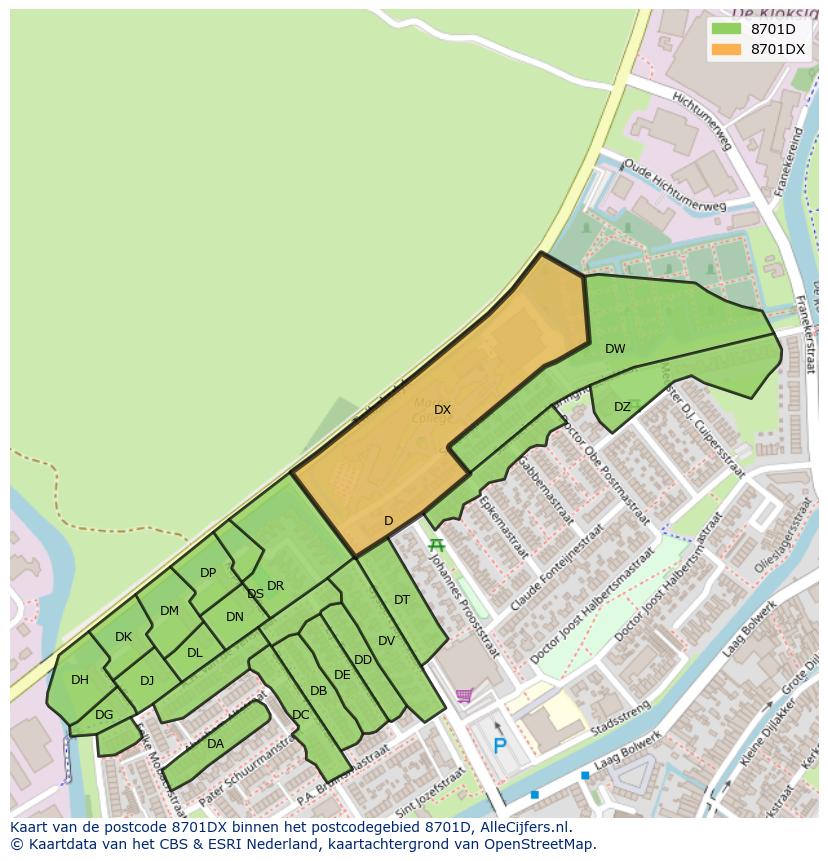 Afbeelding van het postcodegebied 8701 DX op de kaart.