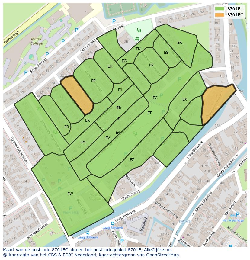 Afbeelding van het postcodegebied 8701 EC op de kaart.