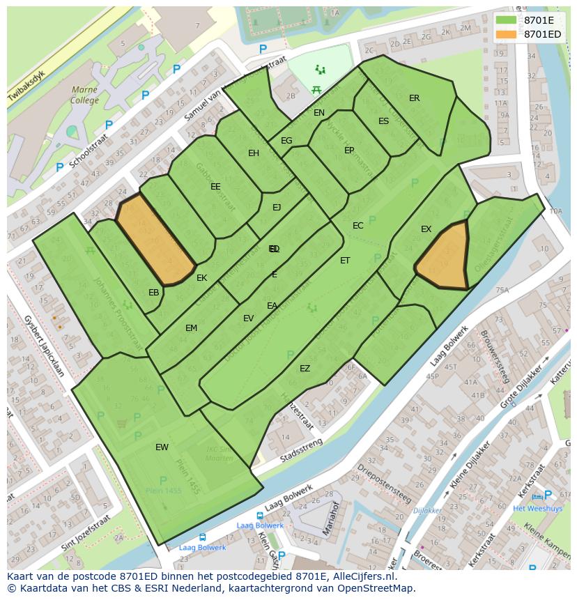 Afbeelding van het postcodegebied 8701 ED op de kaart.