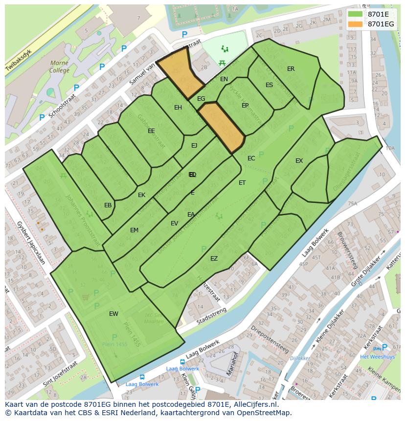 Afbeelding van het postcodegebied 8701 EG op de kaart.