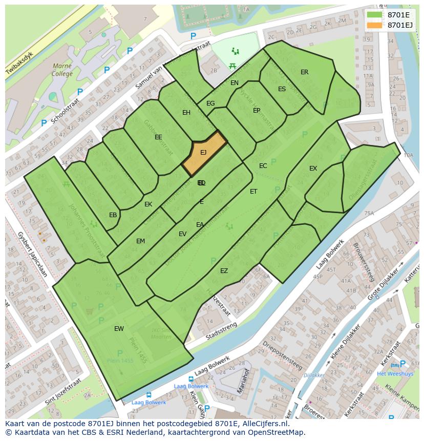 Afbeelding van het postcodegebied 8701 EJ op de kaart.