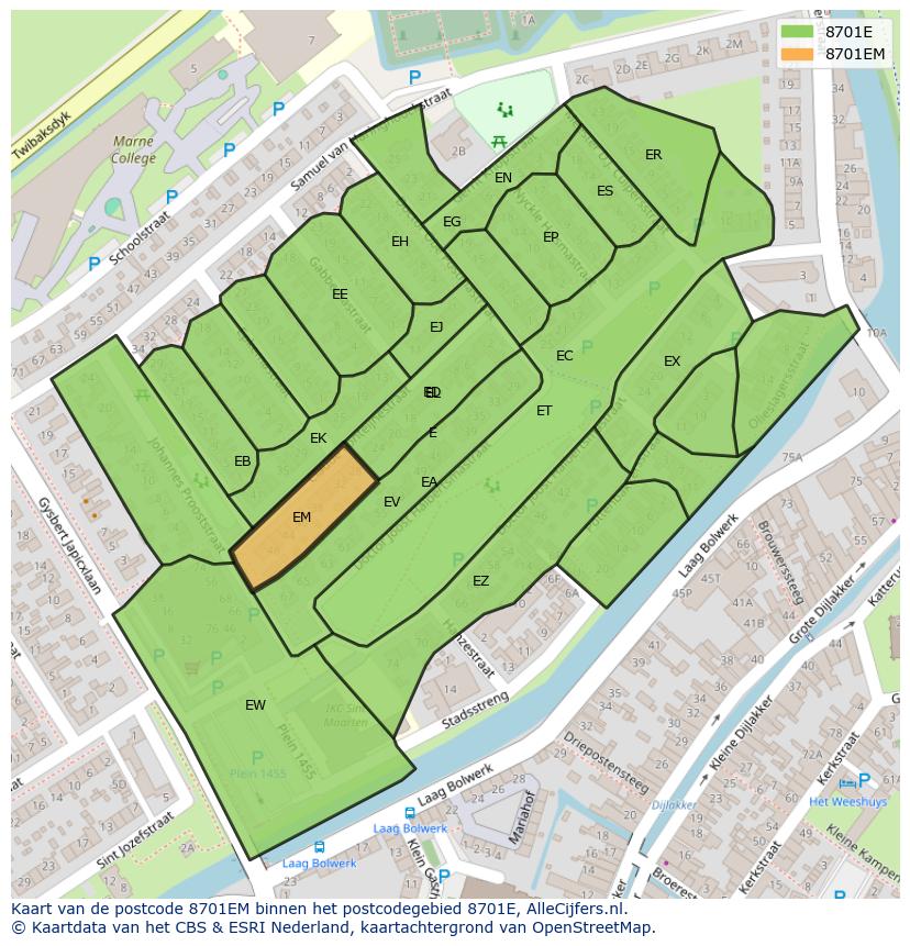 Afbeelding van het postcodegebied 8701 EM op de kaart.