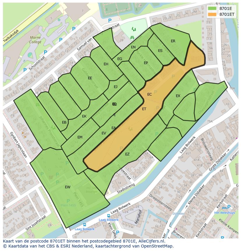 Afbeelding van het postcodegebied 8701 ET op de kaart.