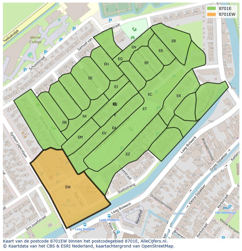 Afbeelding van het postcodegebied 8701 EW op de kaart.