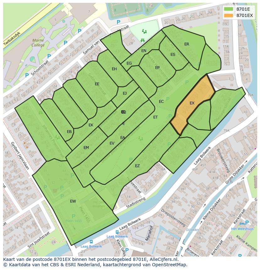 Afbeelding van het postcodegebied 8701 EX op de kaart.