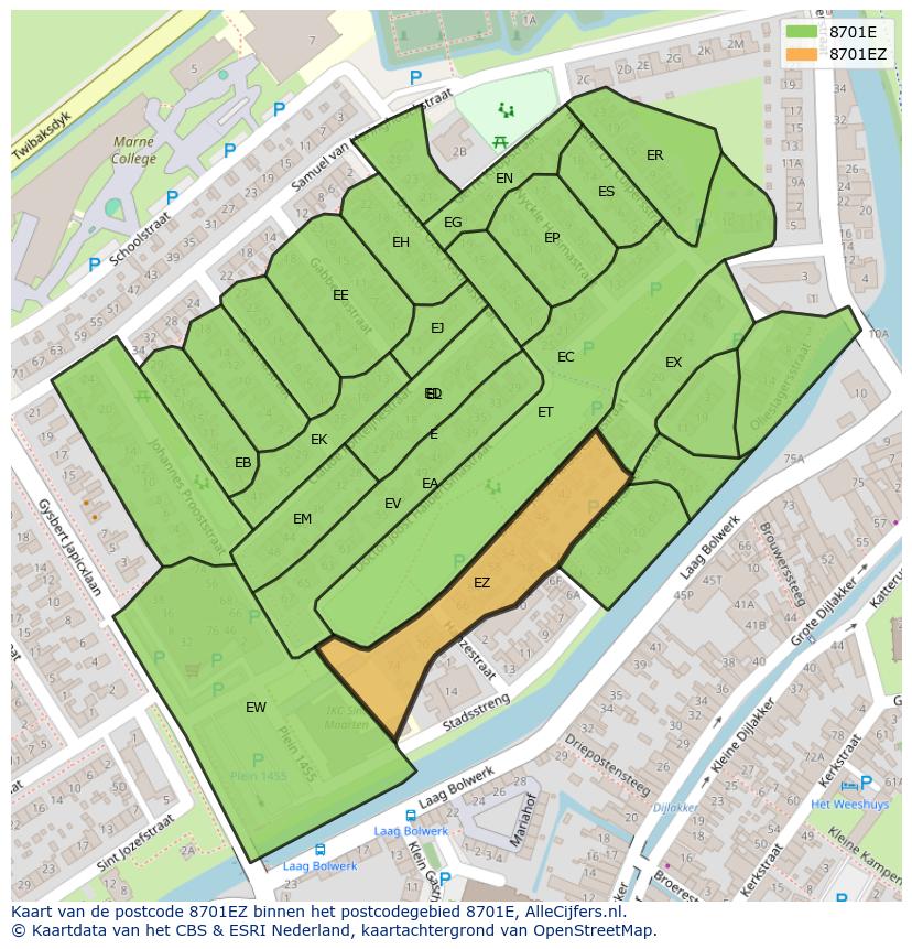 Afbeelding van het postcodegebied 8701 EZ op de kaart.
