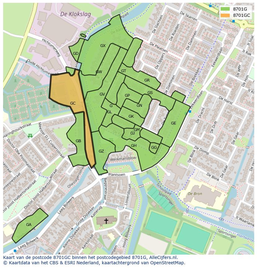 Afbeelding van het postcodegebied 8701 GC op de kaart.