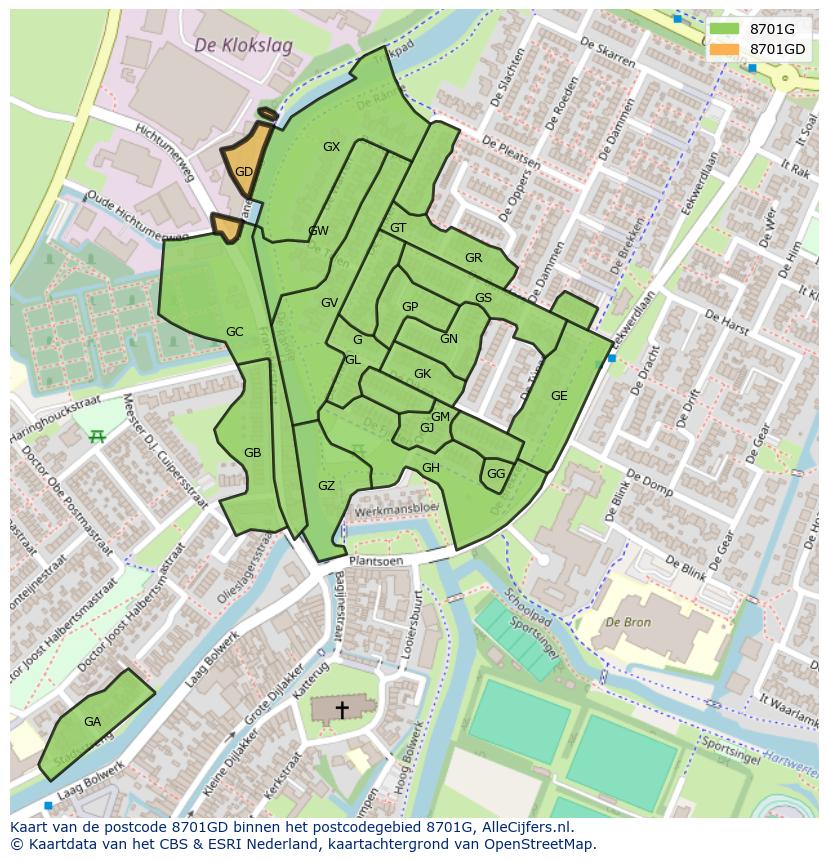 Afbeelding van het postcodegebied 8701 GD op de kaart.
